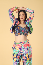 Load image into Gallery viewer, Berry blue printed pants paired with multicolour hand embroidered bustier &amp; jacket
