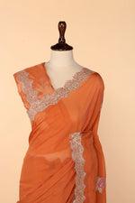 Load image into Gallery viewer, Rust Orange Organza Saree with Appliqué &amp; Gota Work
