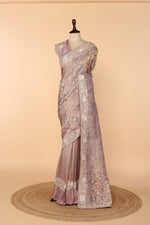 Load image into Gallery viewer, Lavender Banarasi Saree with Frilled Pleats, Side Slit &amp; Dori-Sequin Border
