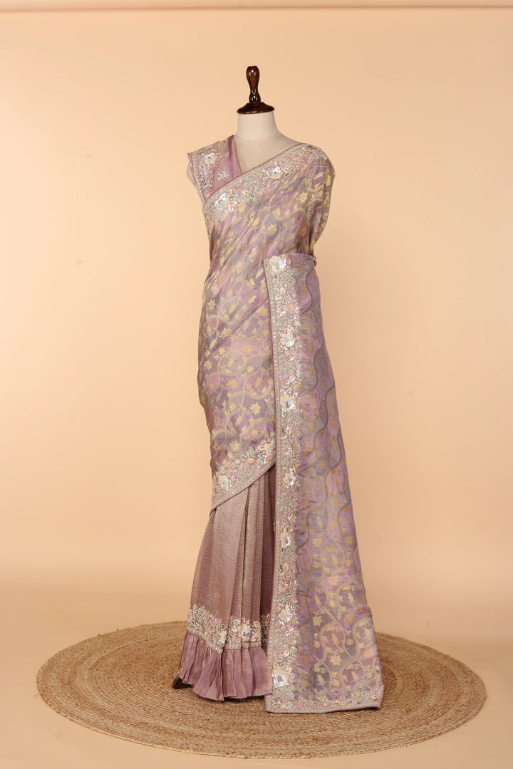 Lavender Banarasi Saree with Frilled Pleats, Side Slit & Dori-Sequin Border