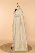 Load image into Gallery viewer, Off-White Banarasi Silk Saree with Meenakari Mirror &amp; Bead Work
