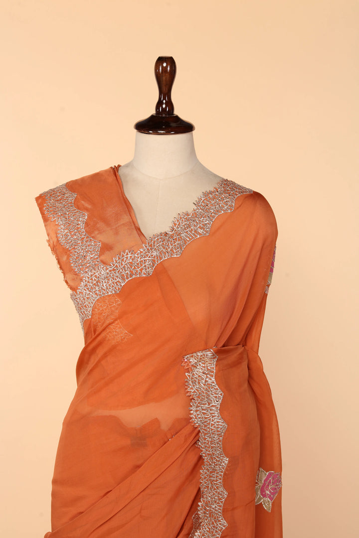 Rust Orange Organza Saree with Appliqué & Gota Work