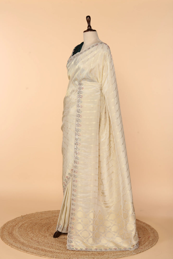 Off-White Banarasi Silk Saree with Meenakari Mirror & Bead Work