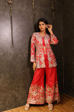 Load image into Gallery viewer, Red Raw Silk Indowestern Set with Zardozi &amp; Thread Work
