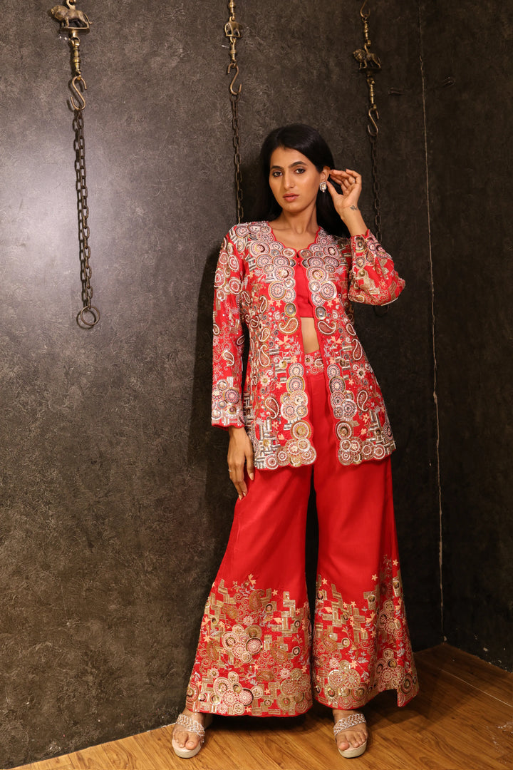 Red Raw Silk Indowestern Set with Zardozi & Thread Work