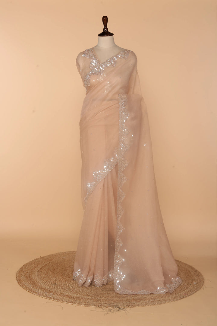Peach Tissue Crush Saree with 3D Sequin & Bead Work