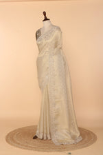Load image into Gallery viewer, Beige Banarasi Saree with Sequence, Multicolour Beads &amp; Mirror Work
