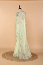 Load image into Gallery viewer, Mint Green Georgette Organza Saree with Lace, Gota Dori &amp; Appliqué Resham Work
