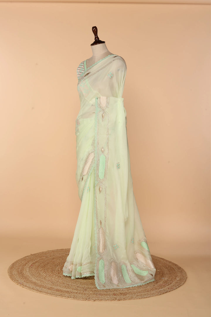 Mint Green Georgette Organza Saree with Lace, Gota Dori & Appliqué Resham Work