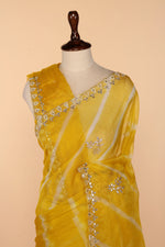 Load image into Gallery viewer, Sunshine Yellow Organza Lehariya Saree with Gota Patti &amp; Pearl Border
