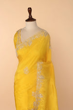 Load image into Gallery viewer, Yellow Abutai Silk Saree with Zardosi, Sequin &amp; Bead Work
