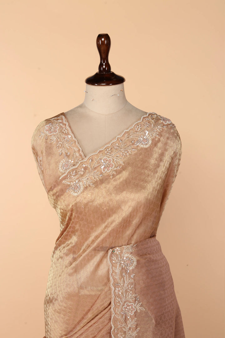 Peach Gold Banarasi Tissue Saree with Gota Patti, Zardosi & Bead Work on Pallu