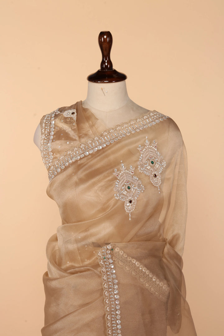 Ivory-Gold Tissue Saree with Jewellery-Style Design