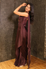 Load image into Gallery viewer, Wine Satin Organza Draped Saree with Corset Blouse
