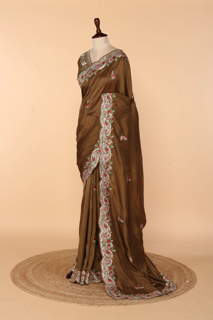 Earthy Brown Dola Silk Saree with Pita & Resham Work