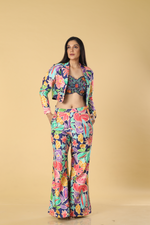 Load image into Gallery viewer, Berry blue printed pants paired with multicolour hand embroidered bustier &amp; jacket
