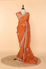 Load image into Gallery viewer, Rust Orange Organza Saree with Appliqué &amp; Gota Work

