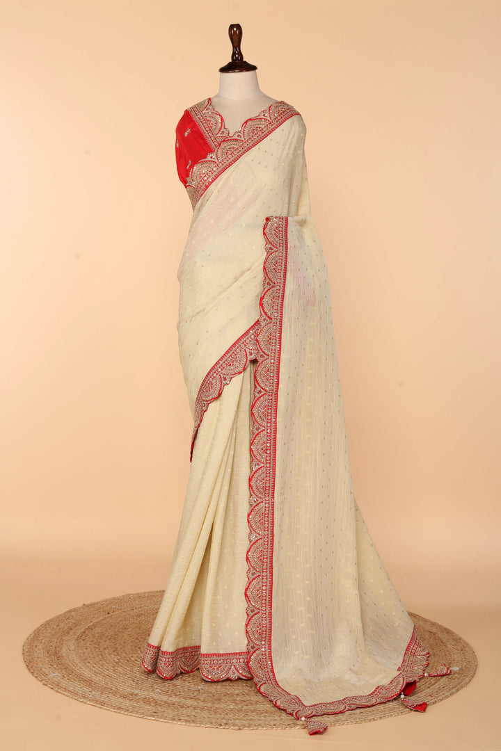 Beige Banarasi Crush Saree with Weaved Butti & Red Border Embellished in Marodi, Sequin & Zardosi