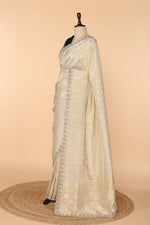 Load image into Gallery viewer, Off-White Banarasi Silk Saree with Meenakari Mirror &amp; Bead Work
