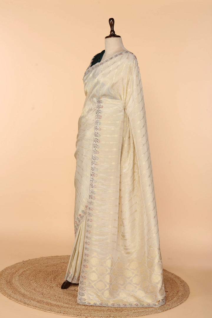 Off-White Banarasi Silk Saree with Meenakari Mirror & Bead Work