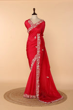 Load image into Gallery viewer, Coral Pink Abutai Silk Saree with Bead, Pearl &amp; Sequin Work
