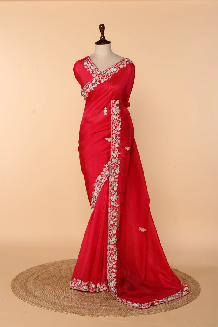 Coral Pink Abutai Silk Saree with Bead, Pearl & Sequin Work