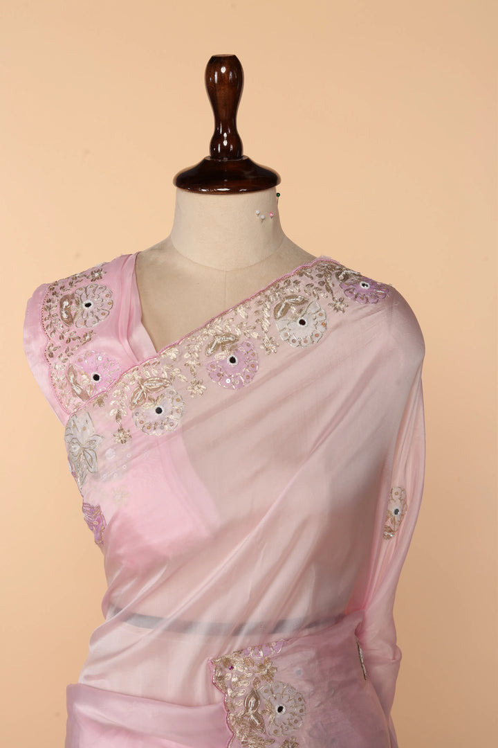 Baby Pink Abutai Silk Saree with Pita & Appliqué Work