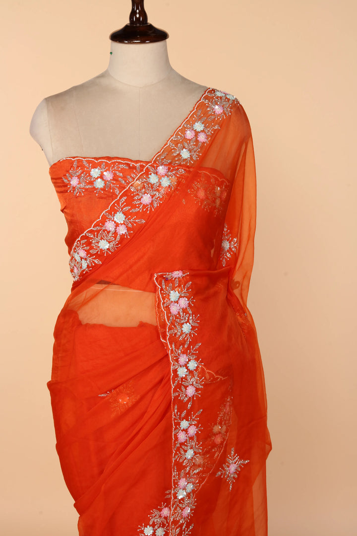 Tangerine Soft Organza Saree with Multicolour Sequin & Cutdana Pearl Border