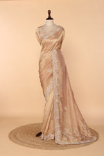 Load image into Gallery viewer, Peach Gold Banarasi Tissue Saree with Gota Patti, Zardosi &amp; Bead Work on Pallu
