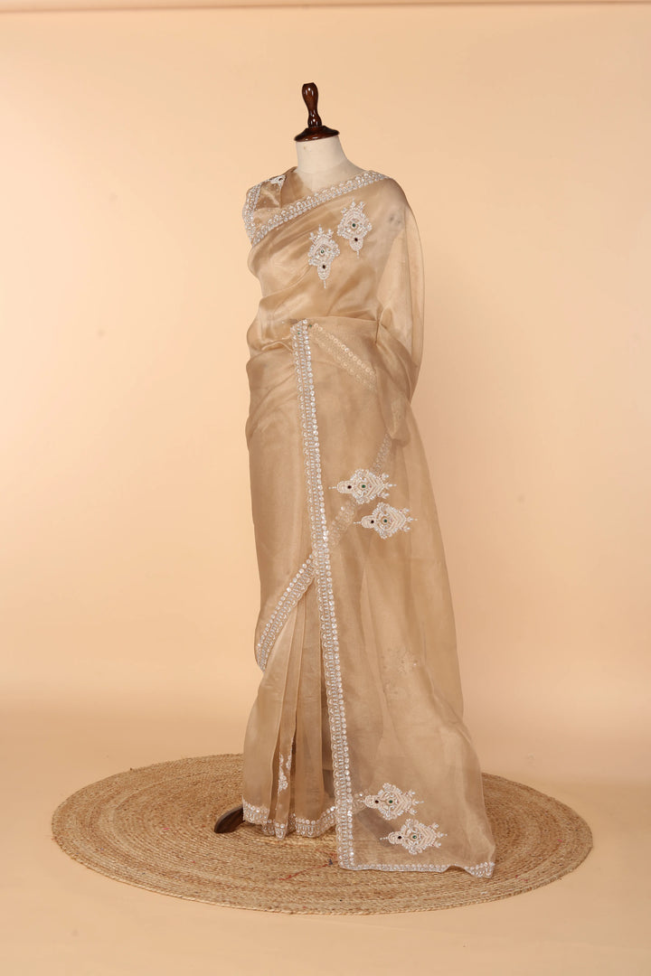 Ivory-Gold Tissue Saree with Jewellery-Style Design