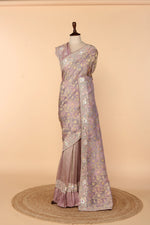 Load image into Gallery viewer, Lavender Banarasi Saree with Frilled Pleats, Side Slit &amp; Dori-Sequin Border
