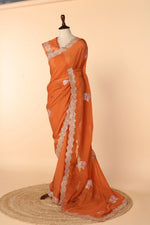 Load image into Gallery viewer, Rust Orange Organza Saree with Appliqué &amp; Gota Work
