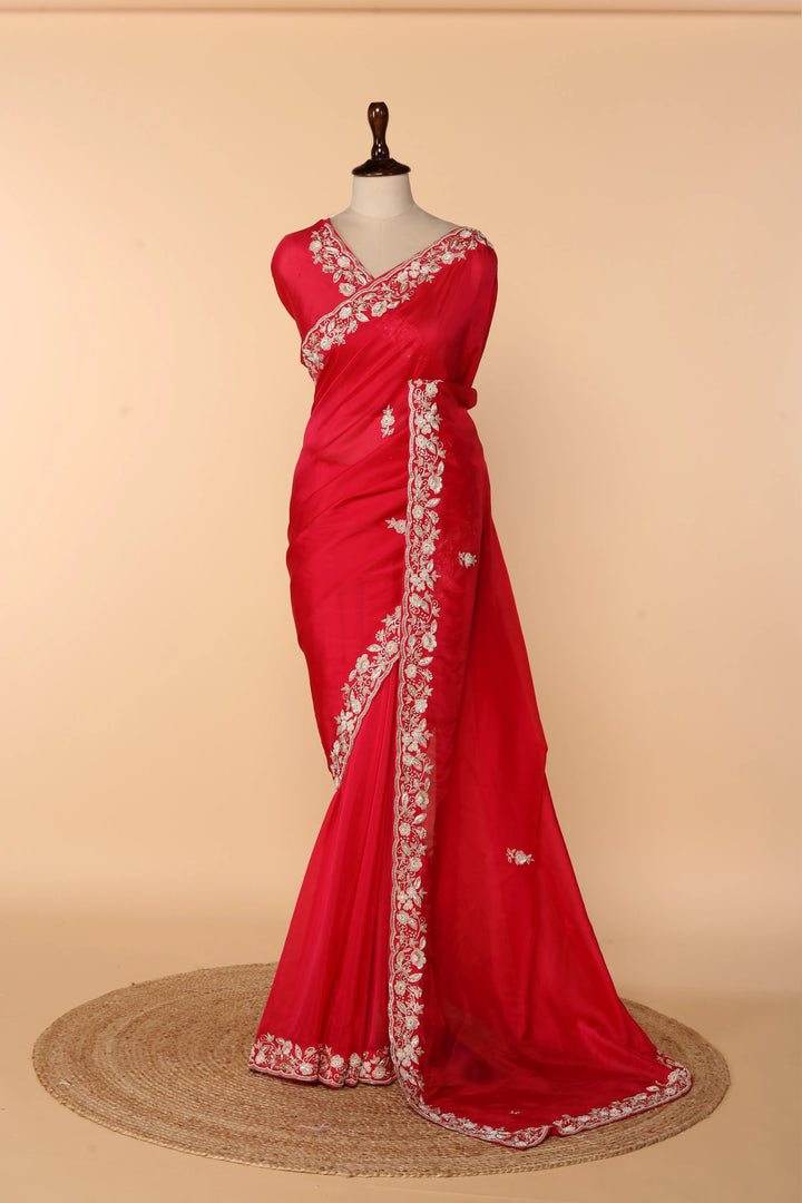 Coral Pink Abutai Silk Saree with Bead, Pearl & Sequin Work