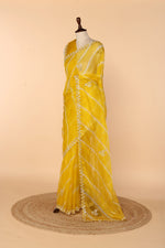 Load image into Gallery viewer, Sunshine Yellow Organza Lehariya Saree with Gota Patti &amp; Pearl Border
