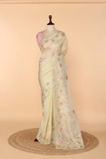Load image into Gallery viewer, Off-White Abutai Silk Saree with Appliqué, Sequin, Cutdana &amp; French Knot Embroidery
