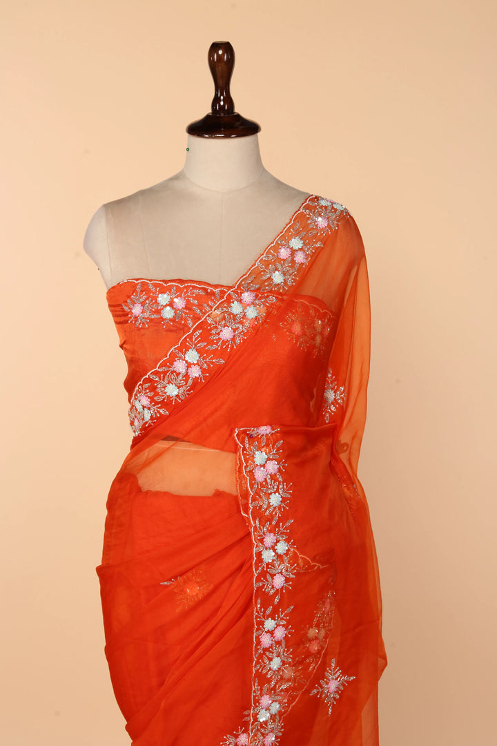 Tangerine Soft Organza Saree with Multicolour Sequin & Cutdana Pearl Border