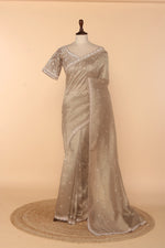 Load image into Gallery viewer, Copper Tissue Saree with Sequin, Zardosi &amp; Multicolour Bead Work

