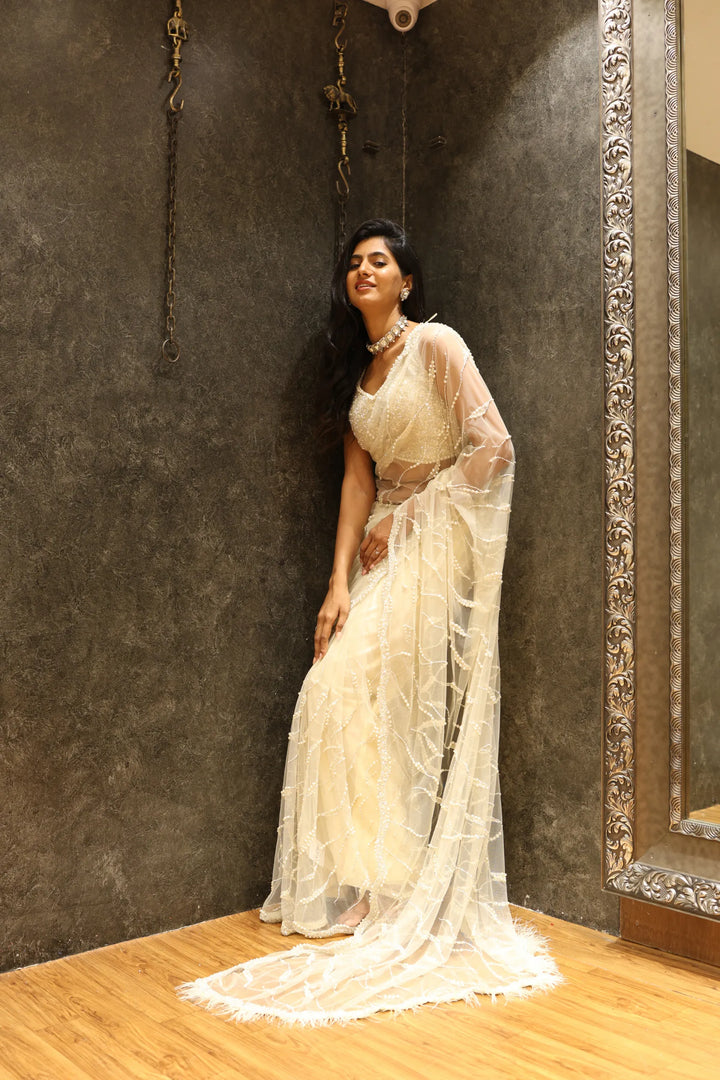 Ivory Net Saree with Heavy Moti Work