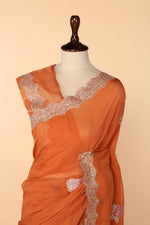 Load image into Gallery viewer, Rust Orange Organza Saree with Appliqué &amp; Gota Work
