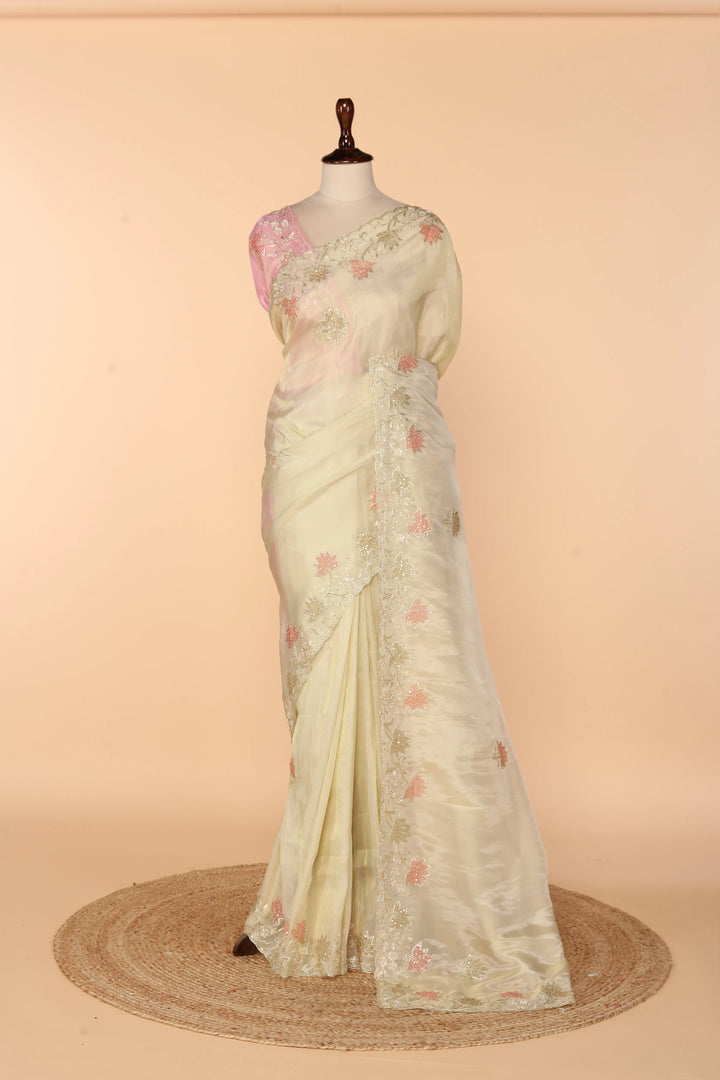 Off-White Abutai Silk Saree with Appliqué, Sequin, Cutdana & French Knot Embroidery