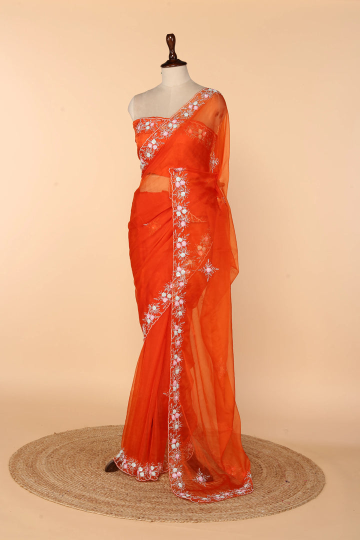 Tangerine Soft Organza Saree with Multicolour Sequin & Cutdana Pearl Border