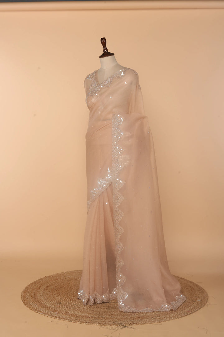 Peach Tissue Crush Saree with 3D Sequin & Bead Work