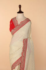 Load image into Gallery viewer, Beige Banarasi Crush Saree with Weaved Butti &amp; Red Border Embellished in Marodi, Sequin &amp; Zardosi
