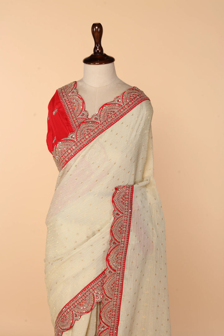 Beige Banarasi Crush Saree with Weaved Butti & Red Border Embellished in Marodi, Sequin & Zardosi