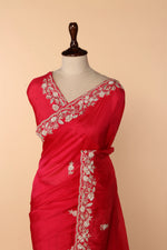 Load image into Gallery viewer, Coral Pink Abutai Silk Saree with Bead, Pearl &amp; Sequin Work
