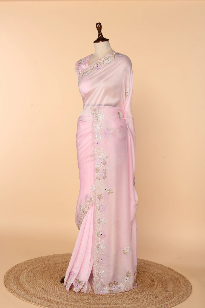 Baby Pink Abutai Silk Saree with Pita & Appliqué Work