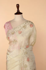 Load image into Gallery viewer, Off-White Abutai Silk Saree with Appliqué, Sequin, Cutdana &amp; French Knot Embroidery
