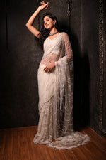 Load image into Gallery viewer, Ivory Net Saree with Heavy Moti Work
