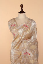 Load image into Gallery viewer, Beige-Gold Banarasi Tissue Saree with Mixed Embroidery (Pita Dori, Gota Patti &amp; French Knot)
