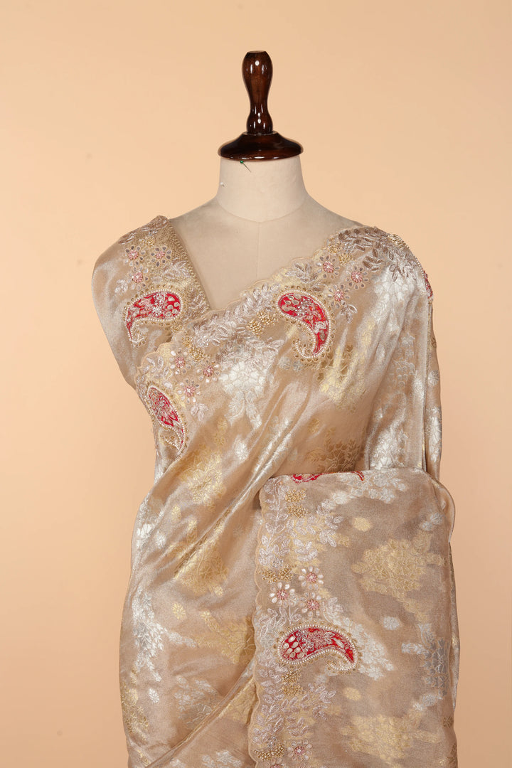 Beige-Gold Banarasi Tissue Saree with Mixed Embroidery (Pita Dori, Gota Patti & French Knot)